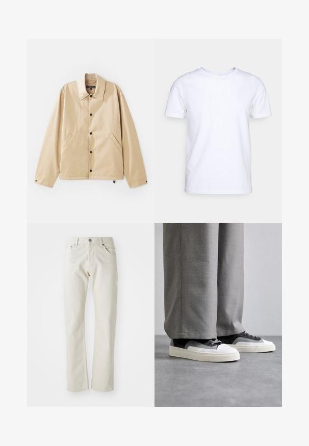 Beige leichte Jacke mit Kragen, Druckknopfverschluss, Seitentaschen und glatter Oberfläche. Mit einem Markenetikett innen.; Weißes T-Shirt mit kurzen Ärmeln aus Baumwollstoff und rundem Halsausschnitt. Schlichtes Design ohne Muster oder Akzente. Glatte Textur.; Helle beige Jeans aus Baumwolle mit geradem Bein, fünf Taschen und silbernem Metallknopfverschluss.; Filling Pieces RIVIERA - Sneaker low - grey