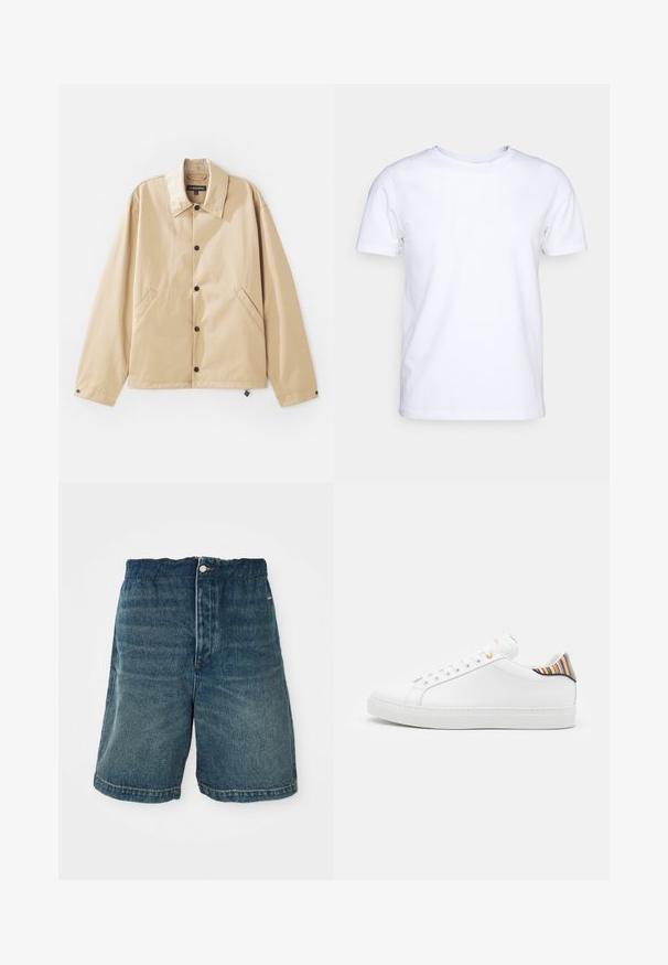 Beige leichte Jacke mit Kragen, Druckknopfverschluss, Seitentaschen und glatter Oberfläche. Mit einem Markenetikett innen.; Weißes T-Shirt mit kurzen Ärmeln aus Baumwollstoff und rundem Halsausschnitt. Schlichtes Design ohne Muster oder Akzente. Glatte Textur.; Dunkelblaue Denim-Shorts mit lockerer Passform, Knopfverschlüsse und sichtbaren Nähten an Saum und Taschen.; Weiße Ledersneaker mit glatter Oberfläche, ausgestattet mit einem bunten gestreiften Akzent an der Ferse, goldener Öse und flacher weißer Sole.
