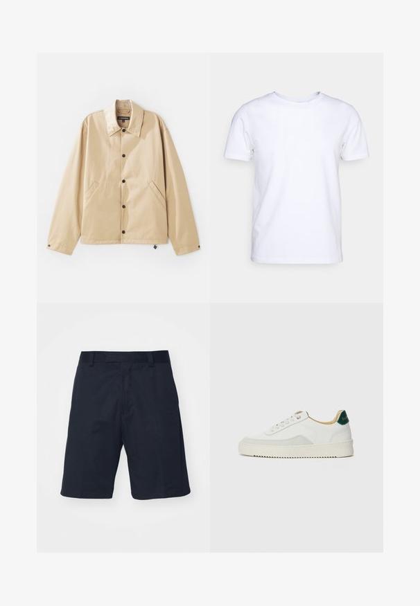 Lysebrun letvægtsjakke med krave, trykknaplukning, sidelommer og en glat overflade. Har et mærketikette indeni.; Hvid kortærmet t-shirt i bomuldsstof med rund halsudskæring. Enkel design uden mønstre eller detaljer. Glat tekstur.; Sorte shorts lavet af et glat stof, med flad front, bæltestropper og knælangt design uden synlige mønstre eller hardware.; Hvide sneakers med ruskindsdetaljer, rund tå, flade snørebånd og en cremet gummisål. Har grøn branding på hælen.