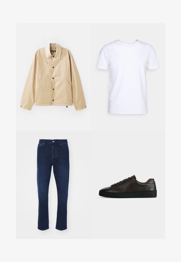 Beige leichte Jacke mit Kragen, Druckknopfverschluss, Seitentaschen und glatter Oberfläche. Mit einem Markenetikett innen.; Weißes T-Shirt mit kurzen Ärmeln aus Baumwollstoff und rundem Halsausschnitt. Schlichtes Design ohne Muster oder Akzente. Glatte Textur.; Dunkelblaue Denim-Jeans mit mittelhohem Bund, geradem Bein, fünf Taschen und klassischem Metallknopfverschluss.; Flach geschnittener dunkelbrauner Ledersneaker mit schwarzer Gummisohle, Schnürung vorne und schlicht-minimalistischem Design auf hellem Hintergrund.