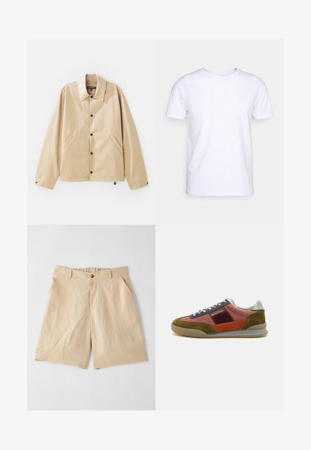 Veste légère beige avec un col, fermeture à boutons-pression, poches latérales et une texture lisse. Présente une étiquette de marque à l'intérieur.; T-shirt blanc à manches courtes en tissu de coton avec un col rond. Design simple sans motifs ni accents. Texture lisse.; Paul Smith Short - sand; PS Paul Smith DOVER - Baskets basses - pink