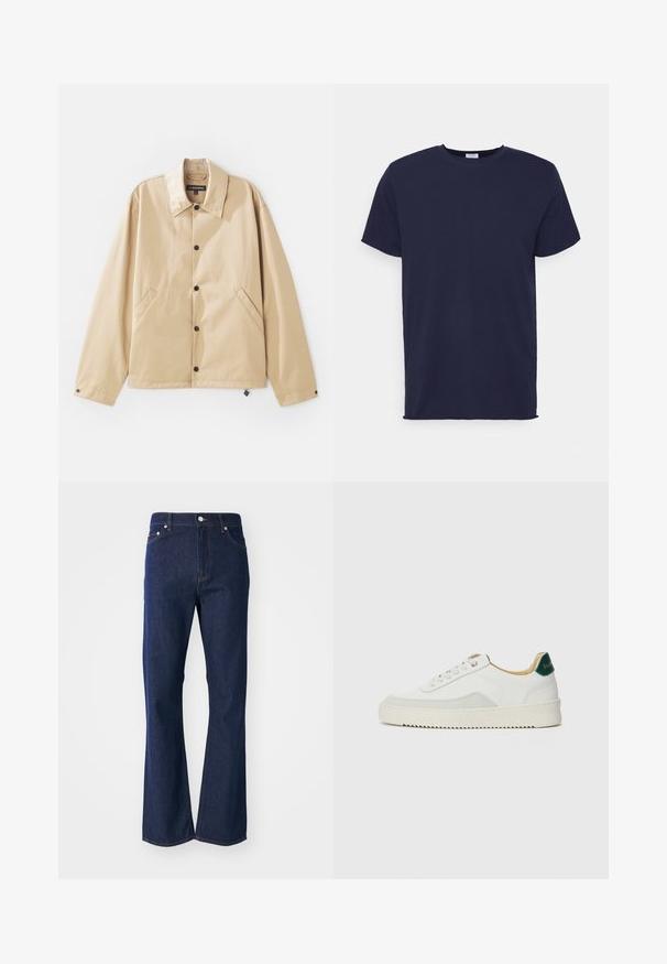 Beige leichte Jacke mit Kragen, Druckknopfverschluss, Seitentaschen und glatter Oberfläche. Mit einem Markenetikett innen.; Marineblaues T-Shirt mit kurzen Ärmeln aus weichem Stoff. Es hat einen Rundhalsausschnitt und einen geraden Schnitt ohne Muster oder Akzente.; Dunkelblaue Jeans mit ausgestelltem Schnitt aus Denim. Verfügt über fünf Taschen, einen Reißverschluss vorne und einen Metallknopfverschluss. Klassische Nähte setzen Akzente.; Weiße Sneaker mit Wildlederelementen, runder Zehenpartie, flachen Schnürsenkeln und einer cremefarbenen Gummisohle. Mit grünen Markenlogo am Fersenbereich.