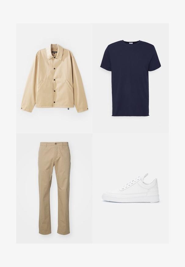 Chaqueta ligera color beige con cuello tipo solapa, cierre de botones a presión, bolsillos laterales y una textura suave. Cuenta con una etiqueta de marca en el interior.; Camiseta de manga corta azul marino hecha de tela suave. Presenta un cuello redondo y un corte recto sin patrones ni acentos.; Chinos beige con un diseño de pierna recta, confeccionados en tela de algodón, que presentan un único botón delantero y una cinturilla estándar con pasadores para el cinturón.; Zapatilla blanca de caña baja con cierre de cordones, detalles cosidos, lengüeta en el talón y suela acanalada sobre un fondo claro liso.