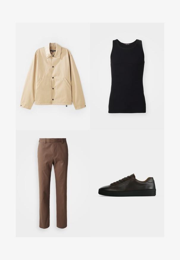 Beige leichte Jacke mit Kragen, Druckknopfverschluss, Seitentaschen und glatter Oberfläche. Mit einem Markenetikett innen.; Schwarzes Tanktop aus einem glatten, dehnbaren Material. Verfügt über einen runden Halsausschnitt und keine Ärmel, mit einer engen Passform und einfachem Design.; Braune Hose mit taillierter Passform, flachem Frontdesign und zwei seitlichen Taschen. Hergestellt aus einem glatten Stoff mit sauberem Finish und ohne sichtbare Muster.; Flach geschnittener dunkelbrauner Ledersneaker mit schwarzer Gummisohle, Schnürung vorne und schlicht-minimalistischem Design auf hellem Hintergrund.