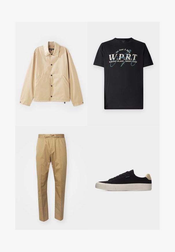 Lysebrun letvægtsjakke med krave, trykknaplukning, sidelommer og en glat overflade. Har et mærketikette indeni.; Sort bomulds t-shirt med hvid og grøn tekstgrafik, der står "W.P.R.T. WRONG PLACE RIGHT TIME" med rund hals og korte ærmer.; Beige bukser med elastisk talje og justerbar snøre. Glat tekstur, lige ben og minimalistisk design.; Sort lavsko med beige hælkappe, tyk hvid gummisål, sorte snørebånd og lille "PS Paul Smith" mærke på siden.