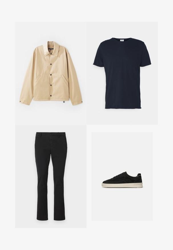Veste légère beige avec un col, fermeture à boutons-pression, poches latérales et une texture lisse. Présente une étiquette de marque à l'intérieur.; T-shirt en coton bleu marine avec un col rond et des manches courtes, présentant une texture lisse et un design simple, sans motifs ni accents visibles.; Chinos noirs en coton avec une coupe ajustée, des jambes droites, des poches avant et une texture lisse et propre, adaptés à diverses occasions.; Baskets basses en daim noir avec lacets noirs et semelle blanche en caoutchouc, vue latérale sur fond gris clair uni.