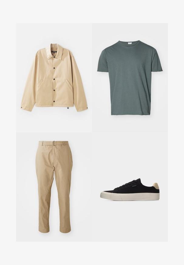 Chaqueta ligera color beige con cuello tipo solapa, cierre de botones a presión, bolsillos laterales y una textura suave. Cuenta con una etiqueta de marca en el interior.; Camiseta de cuello redondo verde oscuro, de manga corta, fabricada en un tejido suave, con un corte relajado, textura lisa, sin patrones ni acentos visibles.; Chinos beige con una suave mezcla de algodón, que presentan un corte ajustado, frente plano, bucles para cinturón y una sencilla hebilla plateada en un diseño minimalista.; Zapatilla negra de corte bajo con pestaña de talón beige, suela gruesa de goma blanca, cordones negros y pequeña etiqueta "PS Paul Smith" en el lateral.