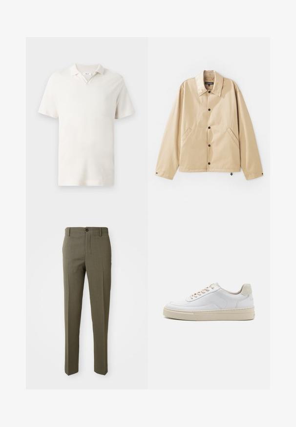 Lichte tan jack met een kraag, drukknopen, zijzakken en een gladde textuur. Beschikt over een merklabel aan de binnenkant.; Korte mouwen polo-shirt in licht crème, met een V-hals, textuurstof en een klassieke pasvorm. Geen zichtbare patronen of accenten.; Olijfgroene op maat gemaakte broeken met een gladde textuur, recht pijpdesign, enkele frontknop en zijzakken voor functionaliteit.; Witte sneaker met een gevoerd leren bovenwerk, beige veters en een gestructureerde beige suede hieltab. Verhoogde zool voor extra hoogte.