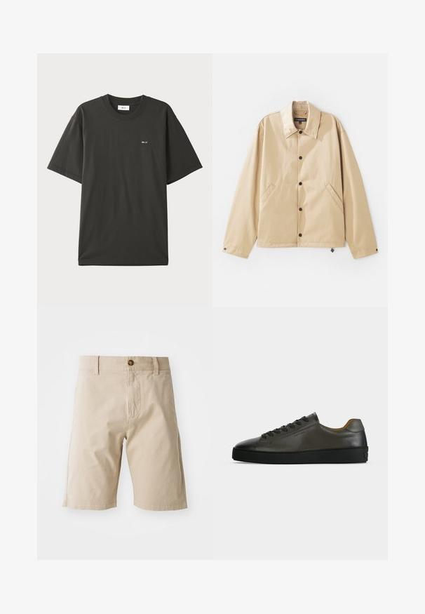 Veste légère beige avec un col, fermeture à boutons-pression, poches latérales et une texture lisse. Présente une étiquette de marque à l'intérieur.; NN.07 ADAM - T-shirt basique - khaki; Shorts en coton beige avec fermeture à bouton, passants de ceinture et poches latérales ; texture lisse et silhouette droite.; Basket basse en cuir gris foncé avec lacets et semelle noirs, design minimaliste, profil latéral sur un fond clair uni.