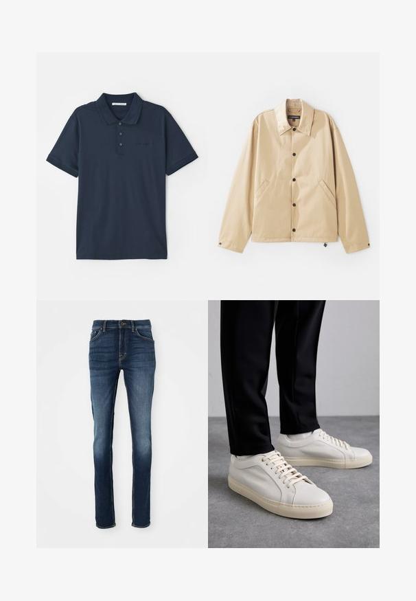 Lysebrun letvægtsjakke med krave, trykknaplukning, sidelommer og en glat overflade. Har et mærketikette indeni.; Marineblå polo shirt lavet af bomuld, med en tre-knaps lukning, korte ærmer og et diskret logo på brystet. Glat tekstur.; Mørkeblå denim jeans med slim fit, der har fem lommer, gyldent syninger og en let slidtageret front for et afslappet look.; Lys beige lædersneakers med flade snørebånd, en tekstureret overflade og en kontrasterende cremelilla gummisål, båret med sorte tapered bukser.