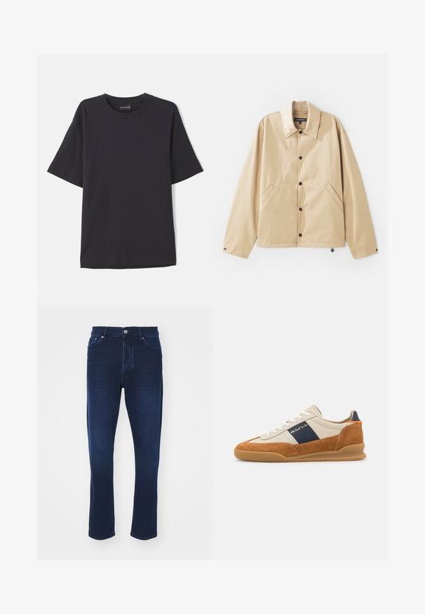 Beige leichte Jacke mit Kragen, Druckknopfverschluss, Seitentaschen und glatter Oberfläche. Mit einem Markenetikett innen.; Marineblaue gerippte Kurzarm-T-Shirt mit Rundhalsausschnitt, versehen mit einem dezenten Logo auf der unteren rechten Seite. Weicher Stoff, lässige Passform.; Dunkelblaue Denim-Jeans mit mittelhohem Bund, geradem Bein, fünf Taschen und klassischem Metallknopfverschluss.; PS Paul Smith DOVER - Sneaker low - cognac/off-white