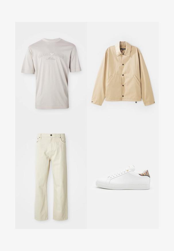 Lichte tan jack met een kraag, drukknopen, zijzakken en een gladde textuur. Beschikt over een merklabel aan de binnenkant.; Lichtbeige t-shirt met korte mouwen van zachte stof, voorzien van een geborduurd "Emporio Armani Milano" logo in een iets donkere tint.; Beige katoenen jeans met een rechte pasvorm, vijf zakken, een knoopsluiting en zichtbare stikseldetails. Gladde textuur met een casual ontwerp.; Witte leren sneaker met een gladde afwerking, voorzien van een kleurrijke gestreepte accent op de hiel, gouden oogjes en een vlakke witte zool.