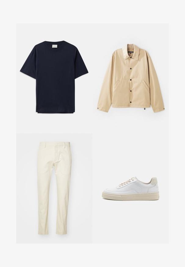 Beige leichte Jacke mit Kragen, Druckknopfverschluss, Seitentaschen und glatter Oberfläche. Mit einem Markenetikett innen.; Dunkelblauses Baumwoll-T-Shirt mit kurzen Ärmeln, Rundhalsausschnitt und lockerer Passform. Das Etikett am Ausschnitt trägt den Schriftzug "CLOSED". Glatte Textur.; Beige Baumwollhosen mit geradem Bein, Reißverschluss vorne und flachen Taschen. Strukturierter Stoff mit glatter Oberfläche.; Weiße Sneaker mit einem glatten Lederobermaterial, beigen Schnürsenkeln und einer strukturierten, beigen Wildleder-Fersenschlaufe. Erhöhte Sohle für zusätzlichen Komfort.