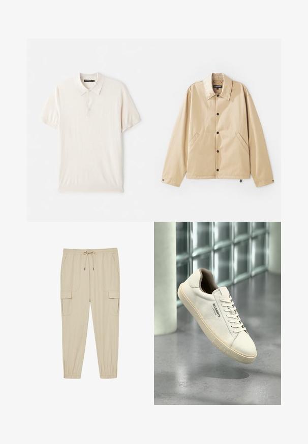 Chaqueta ligera color beige con cuello tipo solapa, cierre de botones a presión, bolsillos laterales y una textura suave. Cuenta con una etiqueta de marca en el interior.; Camisa polo beige clara con un cuello clásico, tapeta de tres botones y mangas cortas. Fabricada en un tejido suave y liso. Diseño simple sin patrones.; Pantalones cargo beige fabricados con tela suave, que presentan una cinturilla elástica con cordón, bolsillos laterales y puños con cremallera.; Zapatilla de lona blanca con suela y cordones beige, logo "AllSaints London" a un lado, flotando sobre un suelo gris pulido cerca de bloques de cristal.
