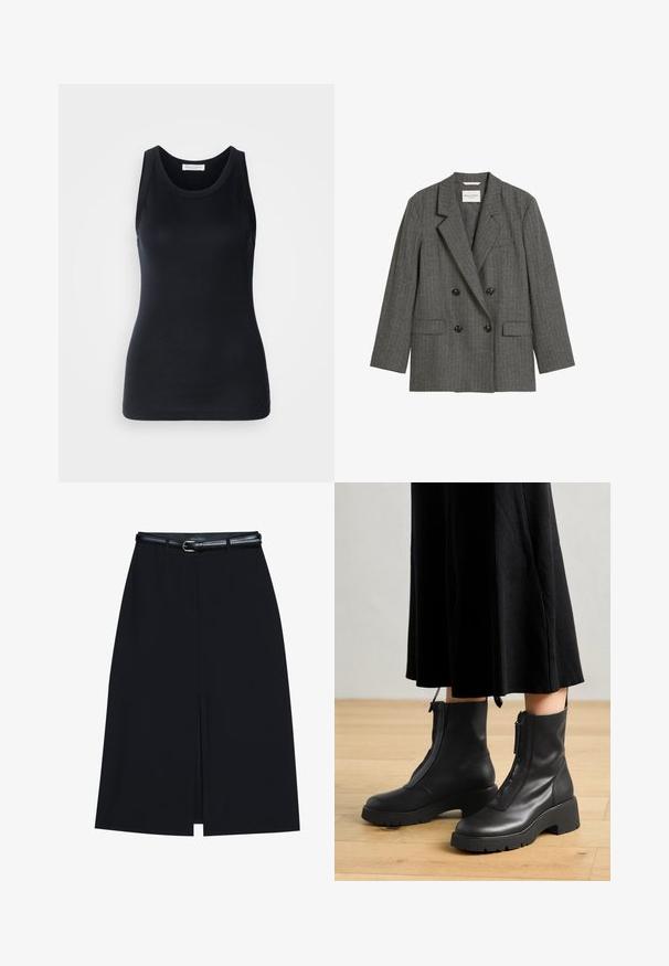 Blazer gris à double boutonnage en tissu texturé avec de fines rayures verticales. Dispose de revers crantés et de deux poches avant, avec des boutons détaillés.; Débardeur noir en tissu doux et extensible. Il dispose d'un col rond et de larges bretelles, avec une silhouette ajustée et une texture lisse.; Jupe noire à mi-cuisse avec une fente frontale, fabriquée en tissu lisse. Comprend une fine ceinture noire avec une boucle en argent et des passants.; Bottines en cuir noir avec une semelle plateforme épaisse et une fermeture éclair à l'avant. Texture lisse avec un design minimaliste.