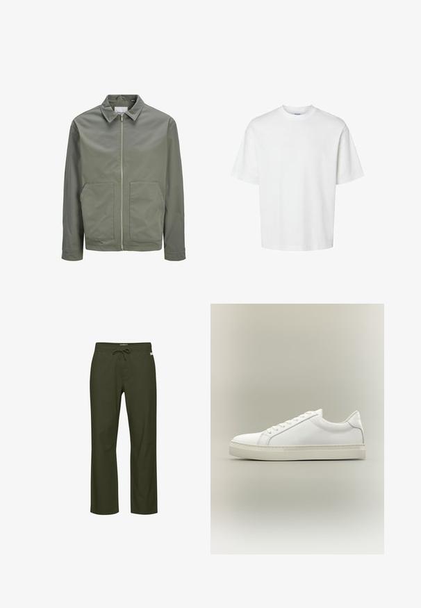 Jack & Jones JJWINSON WORKER - Suvejakk - agave green; Lihtne valge lühikeste varrukatega t-särk ümmarguse kaelusega ja lõdva istumisega, näidatud valgel taustal.; Oliivirohelised püksid, millel on paelaga vöökoht, sirge sääre lõige, pehme kangast tekstuur ja esiküljel peenikene logomärk.; Valge madala säärega toss, ees paeladega ja paksu taldosa, külje pealt neutraalsel taustal.