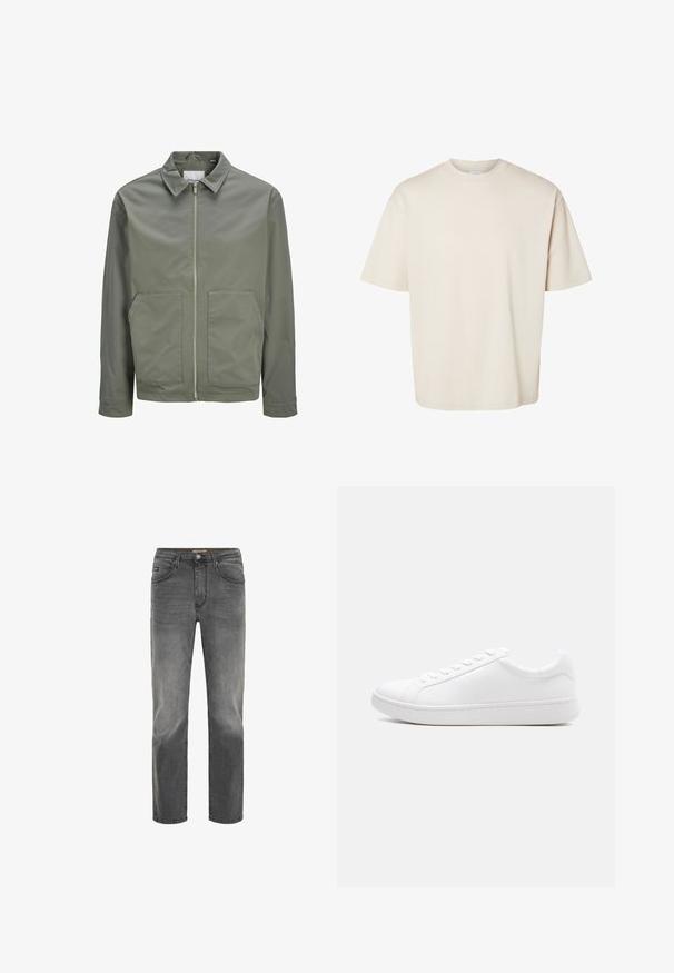 Jack & Jones JJWINSON WORKER - Let jakke / Sommerjakker - agave green; Simpel beige kortærmet oversize bomuld t-shirt med rund halsudskæring, vist fladt på hvid baggrund.; Grå denim jeans med lige pasform, fem-lomme design og en subtil slidt finish. Har en knap- og lynlås lukning.; Hvid lavtop-sneaker med snørelukning, glat læderoverdel og tyk gummisål vist i sideprofil mod en ensfarvet baggrund.