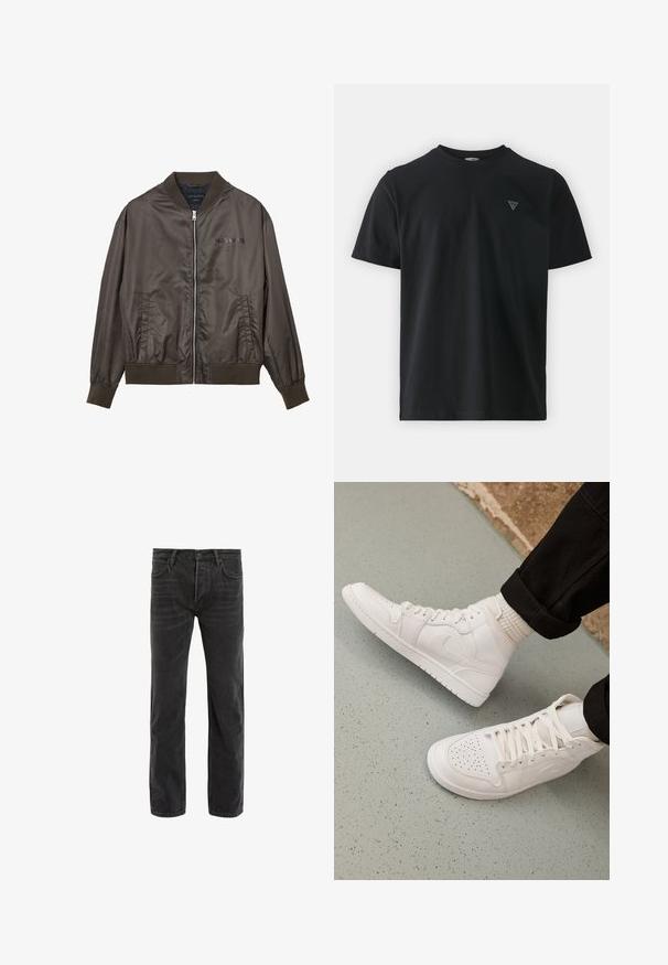 Veste bombardier marron en tissu brillant avec fermeture éclair, poignets et col en côte. Présente un logo discret sur la poitrine.; T-shirt noir à manches courtes en coton avec un col rond. Présente un petit logo triangulaire dans le coin supérieur gauche. Texture lisse.; Jean en denim noir avec une coupe droite, design à cinq poches et décoloration subtile. Comprend une fermeture à bouton et des passants de ceinture.; Baskets montantes blanches en cuir lisse avec un bout perforé, fermeture à lacets et un discret logo sur le côté. Semelle en caoutchouc texturé.