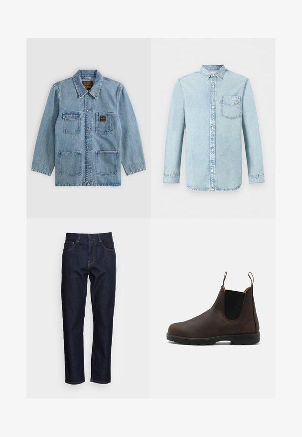 Lichtblauw spijkerjasje met kraag, knoopsluiting aan de voorkant, vier voorzakken en twee merklabels op de borstzakken.; Lichtblauw denim overhemd met lange mouwen, knoopsluiting aan de voorkant, een borstzak met Calvin Klein-logo en puntige kraag.; Donkerblauwe spijkerbroeken met een rechte snit, vijf zakken en contrasterende gele stiksels. Ontworpen met een klassieke knoop- en ritssluiting.; Bruine leren enkelboot met elastische zijpanelen en lusjes, voorzien van een gestructureerde oppervlakte en een duurzame zwarte rubberen zool.