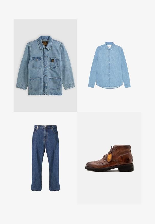 Chaqueta vaquera azul claro con cuello, cierre de botones, cuatro bolsillos delanteros y dos etiquetas de la marca en los bolsillos del pecho.; Camisa de mezclilla azul claro con botones, mangas largas, cuello puntiagudo y dobladillo redondeado. Cuenta con cierre frontal de botones y pequeño detalle de logotipo.; Vaqueros de mezclilla en azul oscuro, con un diseño de pierna recta, estilo clásico de cinco bolsillos y costuras visibles a lo largo de las costuras.; Bota de tobillo brogue de piel marrón con cordones, suela negra y una etiqueta "Stone Washed" adjunta a los cordones sobre un fondo blanco.