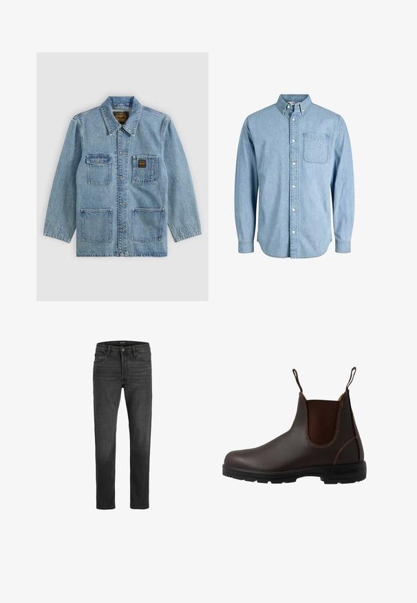 Veste en denim bleu clair avec col, fermeture par boutons, quatre poches avant et deux étiquettes de marque sur les poches poitrine.; Chemise en denim bleu clair à boutons, manches longues, col, poche avant et texture subtile. Présente des boutons blancs le long de la patte de boutonnage.; Jean en denim noir avec une coupe droite, design à cinq poches et fermeture éclair. Présente un léger délavage et des coutures contrastées.; Botte Chelsea en cuir marron avec panneau latéral élastique, coutures marron, languettes de tirage, et une semelle en caoutchouc durable avec un motif texturé.