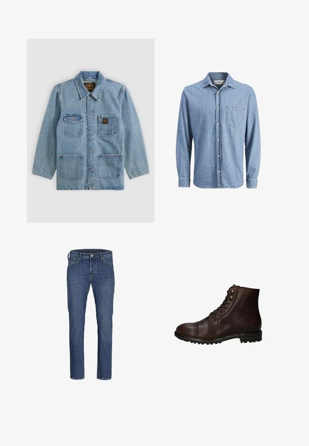 Lyseblå denimjakke med krave, knaplukning foran, fire forlommer og to mærkeetiketter på brystlommerne.; Lysblå denimskjorte med knap-ned krave, lange ærmer, enkelt brystlomme og broderet logo på lommen.; Herre blå denim jeans med lige ben-design, fem lommers styling og klassisk knap- og lynlåslukning.; Mørkebrun læder snørebånd ankelstøvle med robuste gummisål og metaløjer, set fra den ydre side.