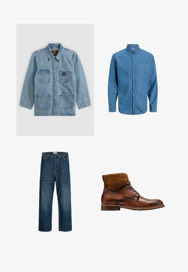 Lichtblauw spijkerjasje met kraag, knoopsluiting aan de voorkant, vier voorzakken en twee merklabels op de borstzakken.; Blauw overhemdbloes gemaakt van denim, met een kraag en lange mouwen. Effen textuur met zichtbare knopen aan de voorkant.; Denimjeans in een donkerblauwe wassing met een rechte pijpuitvoering. Kenmerken zijn onder andere een knoopsluiting, riemlussen en stikselaccenten.; Kazar ALID - Veterboots - brown