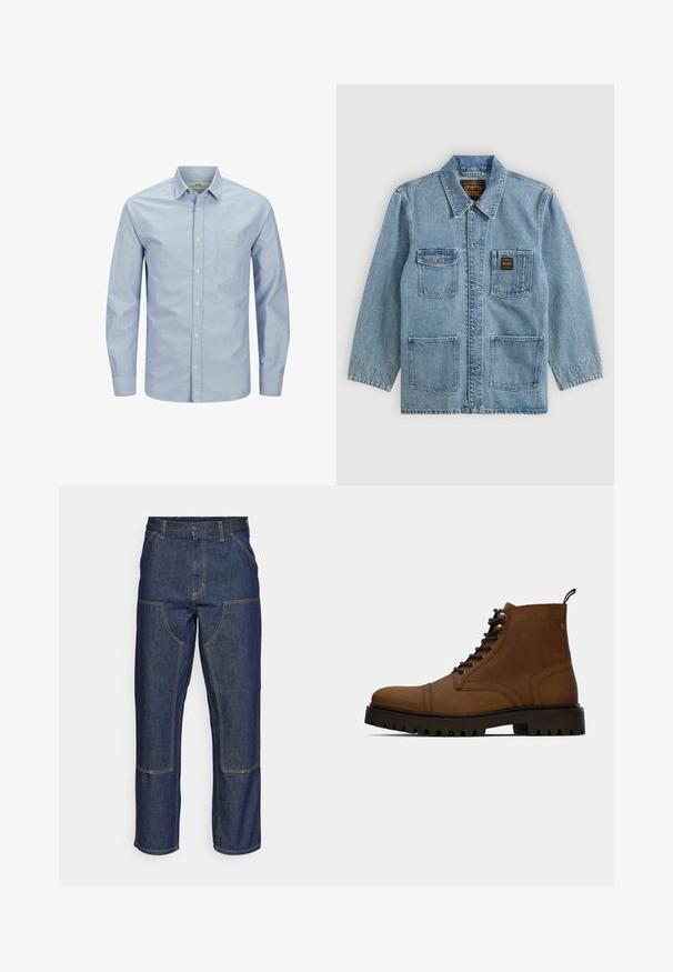 Hellblaue Jeansjacke mit Kragen, Knopfleiste vorne, vier Vordertaschen und zwei Markenetiketten auf den Brusttaschen.; Helles blaues Langarmhemd mit Knopfleiste und einer Tasche auf der linken Brustseite. Aus weichem Stoff mit glatter Textur und dezentem Logo-Detail gefertigt.; Dunkelblaue Jeans aus Denim mit hoher Taille, geradem Bein-Design, kontrastierenden Nähten und aufgesetzten Taschen auf der Vorderseite.; Braune Leder Schnürstiefelette mit dickem schwarzem Profilsohle und Zugschlaufe auf weißem Hintergrund.