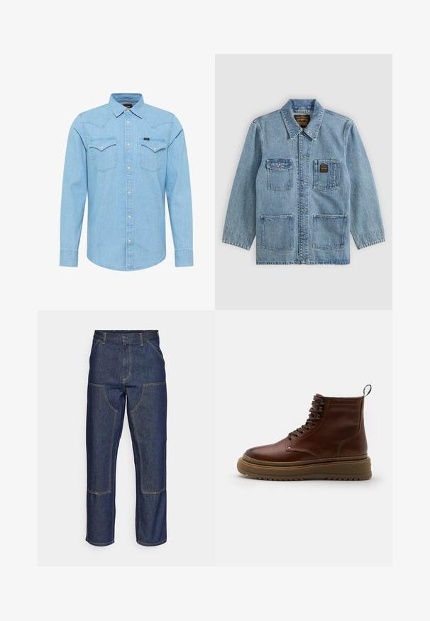 Chaqueta vaquera azul claro con cuello, cierre de botones, cuatro bolsillos delanteros y dos etiquetas de la marca en los bolsillos del pecho.; Camisa de mezclilla azul claro de manga larga con cierre de botones, dos bolsillos en el pecho con botones, cuello puntiagudo y pequeño logo de Lee en el bolsillo izquierdo.; Jeans de mezclilla azul oscuro con cintura alta, diseño de pierna recta, costuras contrastantes y bolsillos de parche en la parte delantera.; Botín de cuero marrón hasta el tobillo con puntera redonda, cordones en la parte frontal, cuello acolchado y suela gruesa de goma con un patrón acanalado.