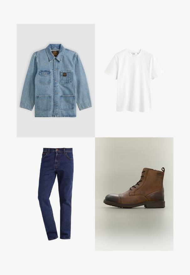 Hellblaue Jeansjacke mit Kragen, Knopfleiste vorne, vier Vordertaschen und zwei Markenetiketten auf den Brusttaschen.; Schlichtes weißes Kurzarm-T-Shirt mit Rundhalsausschnitt und kleinem Markenlabel innen im Kragen.; Dunkelblaue gerade geschnittene Denim-Jeans mit Vordertaschen, Knopfverschluss, Gürtelschlaufen und sichtbaren Nähten.; Brauner Leder-Schnürstiefel bis zum Knöchel mit schwarzer Zehenkappe, runder Sohle und Markenlabel an der Seite vor schlichtem Hintergrund.