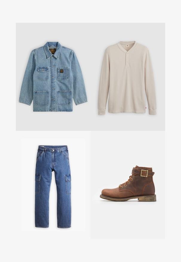 Chaqueta vaquera azul claro con cuello, cierre de botones, cuatro bolsillos delanteros y dos etiquetas de la marca en los bolsillos del pecho.; Camisa tipo henley de manga larga en tejido acanalado color beige claro, con escote en V,tapeta de tres botones, y mangas con puños. Etiqueta de logo roja en el dobladillo.; Pantalones cargo de mezclilla azul con un diseño de pierna recta, dos bolsillos laterales y detalles de costura visibles. En general, estilo casual y funcional.; Harley Davidson VNTGMOTO SHORT RIDING APPROVED - Botines camperos - brown