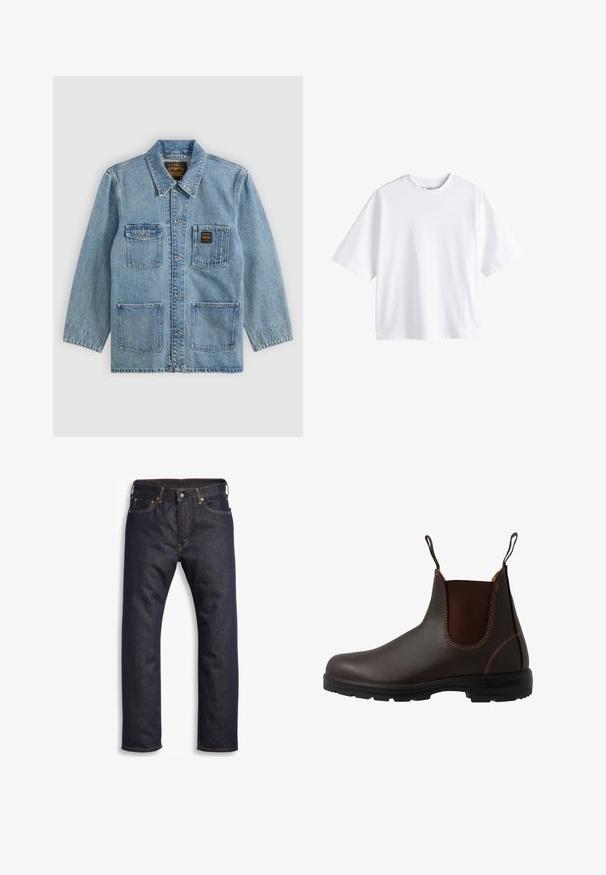 Lichtblauw spijkerjasje met kraag, knoopsluiting aan de voorkant, vier voorzakken en twee merklabels op de borstzakken.; Next BOXY FIT - HEAVYWEIGHT T-SHIRT . - T-shirt basic - white; Donkerblauwe denim jeans met rechte snit, vijf zakken, metalen hardware en contrasterende oranje stiksels. Glad oppervlak, geen zichtbare patronen.; Bruine leren Chelsea-laars met elastisch zijpaneel, bruine stiksels, trekriempjes en een duurzame rubberen zool met een gestructureerd patroon.