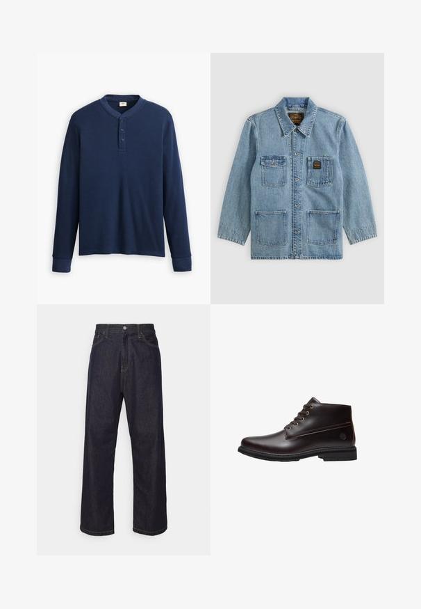 Hellblaue Jeansjacke mit Kragen, Knopfleiste vorne, vier Vordertaschen und zwei Markenetiketten auf den Brusttaschen.; Langärmliges navyblaues Henley-Shirt aus geripptem Stoff. Mit rundem Ausschnitt und einer Knopfleiste mit drei Knöpfen. Die Bündchen sind schmal geschnitten.; Dunkelblaue Jeans im geraden Schnitt mit gelben Nähten, Knopfverschluss, Reißverschluss und Fünf-Taschen-Design.; Dunkelbrauner Leder-Schnürstiefel mit schwarzer Sohle und dezentem Markenlogo an der Seite, im Profil vor weißem Hintergrund gezeigt.
