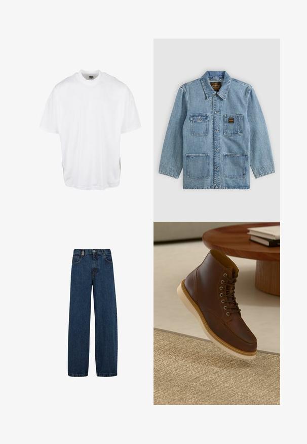 Chaqueta vaquera azul claro con cuello, cierre de botones, cuatro bolsillos delanteros y dos etiquetas de la marca en los bolsillos del pecho.; Camiseta de algodón blanca con un corte relajado, mangas cortas y cuello redondo, que presenta un dobladillo recto y sin gráficos ni patrones visibles.; Vaqueros de mezclilla en azul oscuro, con un corte de pierna ancha, diseño de cinco bolsillos y un cierre clásico de botón con cremallera de metal.; Botín de cuero marrón con suela beige sobre una alfombra beige texturizada al lado de una mesa redonda de madera con libros apilados.