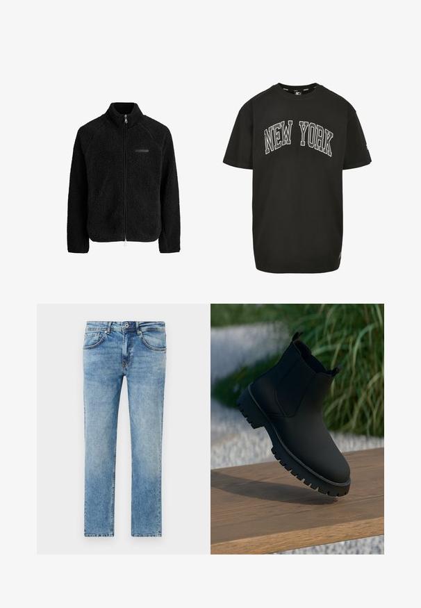 Čierna fleece bunda s vysokým golierom, plným zipsom, raglánovými rukávmi a textúrovaným povrchom. Obsahuje diskrétne logo na hrudi.; Čierne bavlnené tričko s nápisom "NEW YORK" v bielej, zakrivenej typografii. Krátke rukávy, okrúhly výstrih a voľný strih.; Svetlomodré džínsy vyrobené z denimu s rovnými nohavicami, obsahujúce päť vreciek, jemné prešívanie a jemne vyblednutý vzhľad.; Čierne členkové topánky so hladkým povrchom, elastickými bočnými panelmi a hrubou, odolnou podrážkou. Na pozadí prírody na drevenom povrchu.