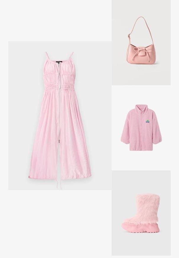 Lyserød fleecejakke med høj krave, lynlås foran og ballonsleeves. Har et rektangulært logopatch på venstre side.; UGG AREUM DRESS - Cocktailkjole / festkjole - light pink; Kraftig pink støvle med tekstureret sål og blød, fluffy faux fur der dækker hele det øverste af støvlen.; Lille skuldertaske i pastel lyserød med justerbar strop og frontsløjfe med guldspidsdetaljer på ensfarvet baggrund.