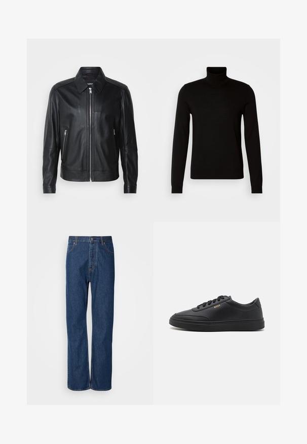 Sort læderjakke med krave, frontlynlås, to lynlåslommer og strukturerede skuldre. Glat tekstur hele vejen igennem.; Sort turtleneck sweater lavet af et fint strikket stof, der har lange ærmer og en tætsiddende silhuet. Glat tekstur med ribbede manchetter.; Blå denim jeans med lige ben, der har en knaplukning, fem lommer og kontraststikninger langs sømmene.; Sorte lædersneakers med en glat overflade, rund tå, flad gummisål og tonede snørebånd. Udstyret med guld "BOSS" branding på siden.