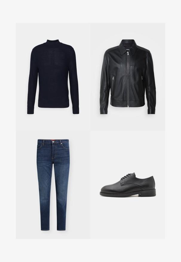 Veste en cuir noire avec un col, fermeture éclair à l'avant, deux poches latérales zippées et des épaules structurées. Texture lisse sur l'ensemble.; Pull en maille bleu marine avec un col roulé côtelé, des manches longues et un logo subtil à l'avant. Fabriqué dans un tissu lisse et léger.; Jean slim bleu foncé avec poches avant, passants de ceinture, fermeture par bouton et légère décoloration sur les cuisses et les genoux.; Chaussure oxford en cuir noir avec un bout rond, présentant une finition lisse, un laçage à cinq œillets et un petit talon empilé.