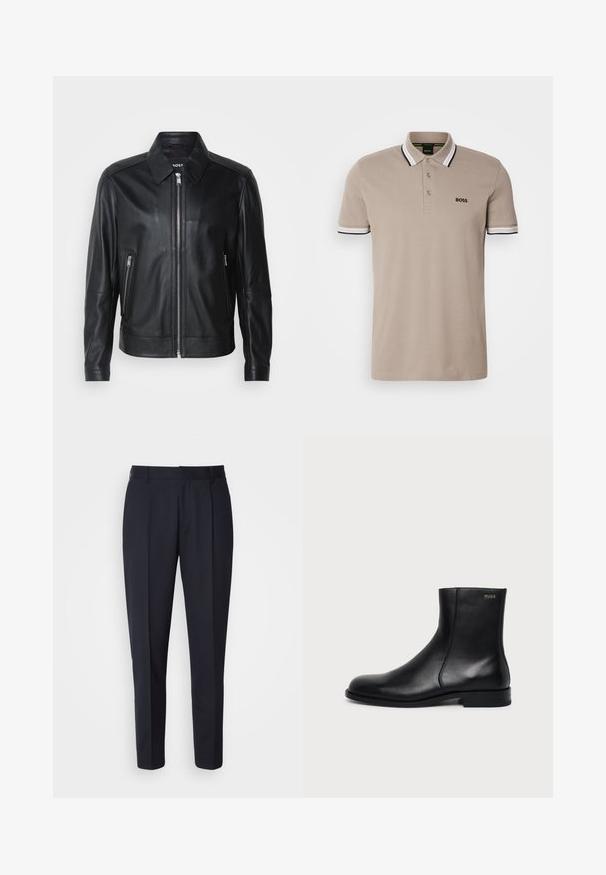 Sort læderjakke med krave, frontlynlås, to lynlåslommer og strukturerede skuldre. Glat tekstur hele vejen igennem.; Beige polo-shirt med klassisk krave, korte ærmer og kantbånd med sort og hvid accent. Broderet 'BOSS' logo på brystet.; BOSS PERIN - Bukser - navy; Sort læderankelstøvle med lav hæl, sidesyning og lille "HUGO" logo på den øverste manchet mod en ensfarvet baggrund.