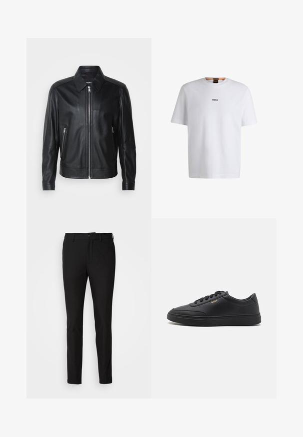 Chaqueta de cuero negra con cuello, cierre frontal de cremallera, dos bolsillos laterales con cremallera y hombros estructurados. Textura suave en todo su diseño.; Camiseta de algodón blanca de manga corta, con un logotipo negro "BOSS" centrado en el pecho y un diseño de cuello redondo.; Pantalones negros de corte ajustado, con cierre de botón, cremallera y dos bolsillos frontales. Tejido suave con un acabado mate.; Zapatillas de cuero negro con una textura suave, punta redondeada, suela plana de goma y cordones a tono. Presentan el logotipo dorado "BOSS" en el lateral.