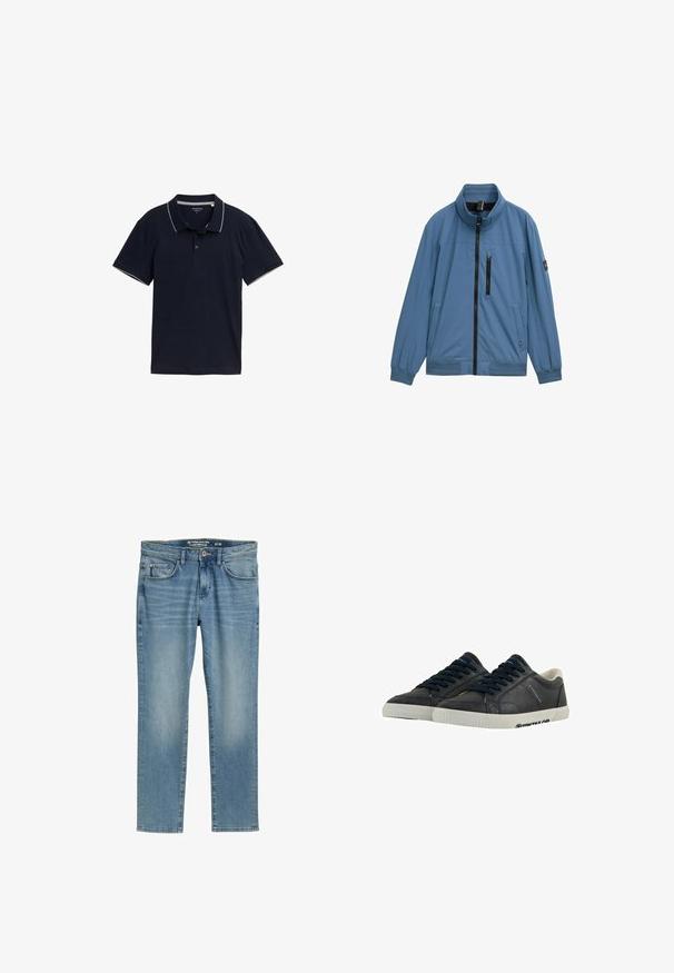 Blå jakke med høj krave, lynlås foran og brystlomme. Har elastiske manchetter og kant, lavet af glat, let materiale.; Mørkeblå polo shirt lavet af bomuld, med en klassisk krave, tre-knap lukning og kontrasterende lys grå trim på kraven og ærmerne.; Lysblå denim jeans med lige ben, fem lommer, diskret slid og lynlås. Mærket viser 'Tom Tailor' og størrelse 31/32.; Marine læder sneakers med hvide gummisåler, rund tå og sorte snørebånd. Subtile teksturer og branding på siderne. Casual design.