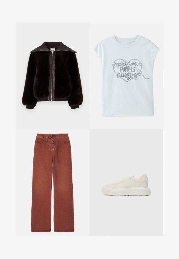 Faux fur bomberjack in diepbruin met een leren voorkant, gouden rits en ribgebreide manchetten en kraag voor extra textuur en contrast.; Lichtblauwe katoenen t-shirt met korte mouwen, voorzien van een hartafbeelding versierd met metalen letters: "IEMAND IN PARIJS HOU VAN MIJ."; Roodbruine wijde broek met vetersluiting aan de voorkant, gemaakt van denim. Kenmerkt zich door twee voorzakken en een gladde textuur.; Casadei OFFROAD VALSENA - Sneakers laag - white