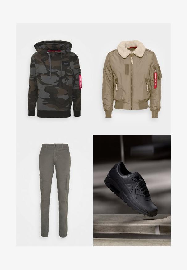 Beige bomberjakke med en kunstlæderkrave, ribbede manchetter og bunden. Har lynlåslommer og et rødt mærke på armen. Glat tekstur.; Camo hoodie i nuancer af mørkegrøn og grå, med en front kangaroo-lomme, hætte med snor og en lynlåslomme med et rødt mærke.; Cargo bukser i mørkegrønt stof. Funktioner omfatter sidelommere, tapered ben og elastiske manchetter ved anklerne. Letvægtsdesign.; Sorte Nike Air Max-sneakers med en struktureret læderoverdel, gummisål og fremtrædende snøresystem, der viser et slankt, moderne design.