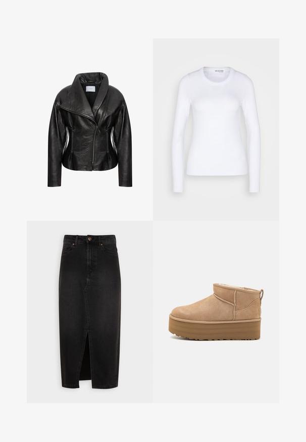 VSP Nahkatakki - mottled black; Selected SLFDIANNA O NECK - Pitkähihainen paita - bright white; Musta farkkusati, polvenpituinen, jossa on etusauma, tavallinen vyötärö ja kuparinsävyiset napit. Silkkinen rakenne, klassinen muotoilu.; Beige mokasiinit nilkkakengät, joissa on pehmeä sisus, alustalla ja takana vetoluukku, joka helpottaa pukemista. Pintakuvioitu kumipohja.