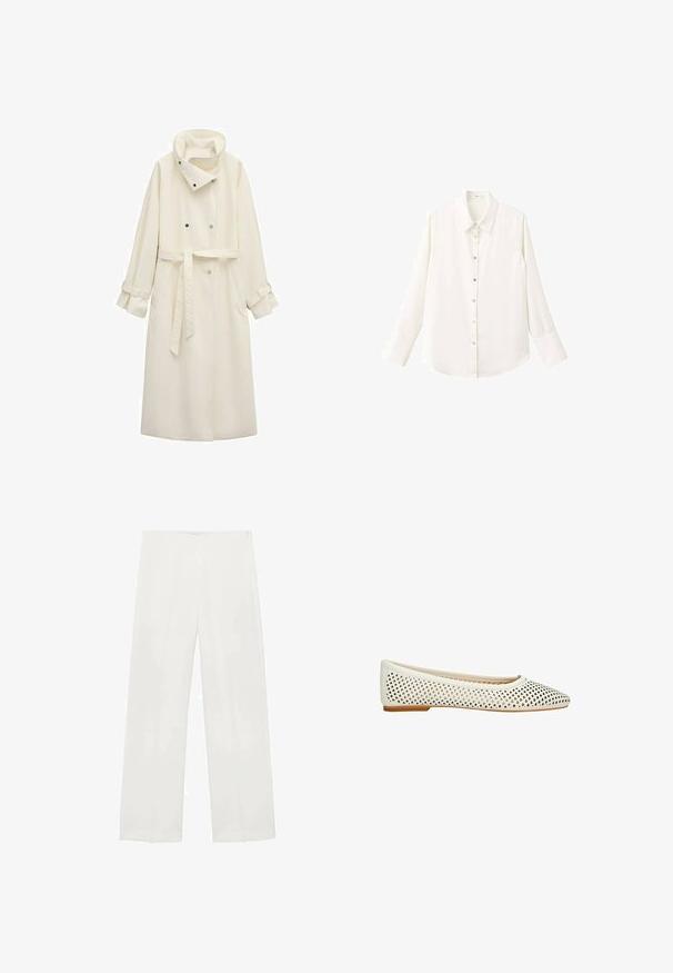 Langer Trenchcoat in Creme mit hohem Kragen, doppelt geknöpft, tailliert mit Gürtel und verstellbaren Riemen an den Ärmelbündchen.; Weißes, langärmeliges Hemd mit Knopfleiste, klassischem Kragen und vorne zuzuknöpfendem Verschluss; besteht aus einem glatten, leichten Stoff und hat einen abgerundeten Saum.; Weite Hosen aus weißem Stoff mit glatter Textur, klaren Linien und einem subtilen Glanz, ohne sichtbare Beschläge oder Muster.; Weißer flacher Schuh mit spitz zulaufender Zehenpartie und perforiertem Diamantmuster, ausgestattet mit einer niedrigen, hellbraunen Sohle.