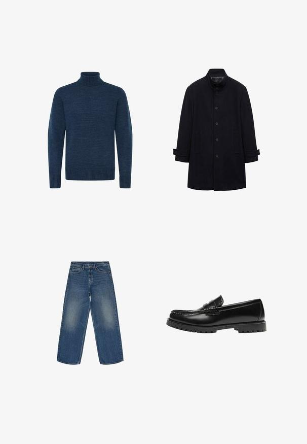 Marineblauwe wollen jas met hoge kraag, vijf knopen aan de voorkant, twee zijzakken en knoopmanchetten. Gladde textuur en rechte silhouet.; Navyblauwe coltrui van textuurstof, met lange mouwen en geribde accenten bij de kraag en onderrand.; Wijdvallende denim jeans in medium blauw. Gemaakt van katoen, met vervaagde secties, vijf-pocket ontwerp en een rits met knoopsluiting.; Zwarte leren loafer met een dikke rubberen zool en klassieke penny-strap details, gezien vanaf de buitenkant.