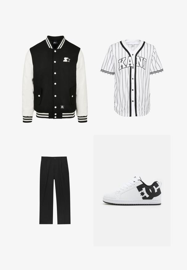 Herre varsity jakke, sort uldkrop med hvide lædersleeves. Har ribbet manchetter og kant samt tre hvide knapper og logo på brystet.; Hvid baseballtrøje med korte ærmer og sorte striber, med knaplukning foran og ordet "KANI" fremtrædende vist i sorte bogstaver.; Sorte bukser med lige ben, lavet af et glat stof. Har frontfolder og en enkelt knaplukning i taljen.; Hvide atletiske sko med en glat syntetisk overdel, der har sorte logo-detaljer og en gummisål. Snørebåndsdesign, med afrundet tåform.