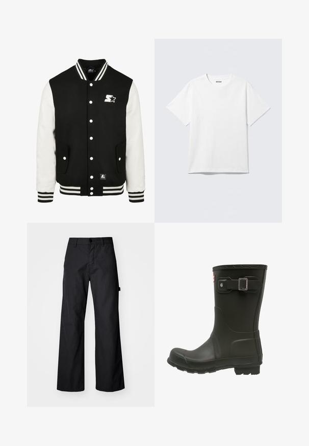 Chaqueta varsity para hombres, cuerpo de lana negra con mangas de cuero blanco. Presenta puños y dobladillo acanalados, tres botones blancos y un logotipo en el pecho.; Camiseta blanca de manga corta con cuello redondo, colocada plana, diseño liso, con etiqueta "WEEKDAY" en el interior del cuello sobre un fondo claro.; Pantalones anchos, negros, fabricados con un tejido durable. Cierre de botón y bolsillos laterales. Textura suave con un diseño limpio.; Botas de lluvia de goma negras con punta redondeada, una correa con hebilla en la parte superior y una suela texturizada para mayor tracción.