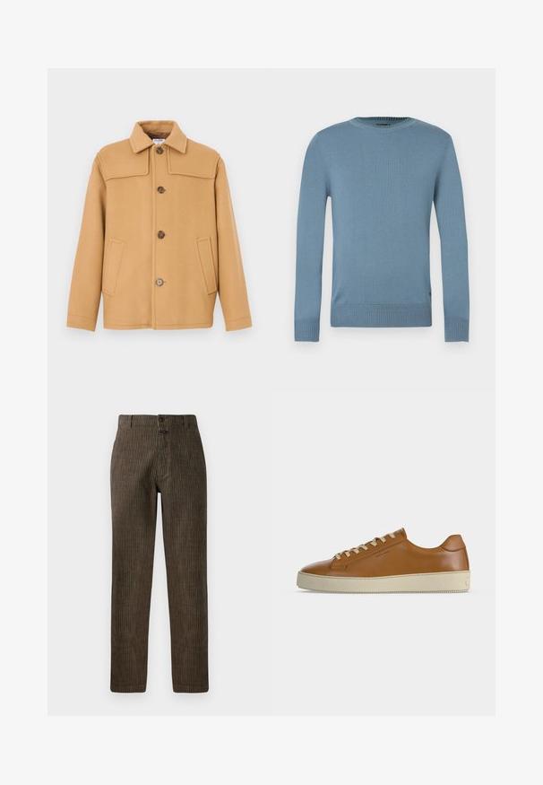 Veste en laine couleur chameau avec un col à revers, quatre boutons et deux poches avant. Présente un design structuré et une texture lisse.; Pull bleu clair en tissu maille lisse avec manches longues, col et bord inférieur côtelés. Présente un design simple sans motifs.; Pantalons en velours côtelé marron avec des rayures verticales, une coupe droite et une fermeture à bouton à l'avant. Texture lisse avec un design classique.; Baskets basses en cuir marron avec lacets crème et semelle épaisse en caoutchouc crème, vues de profil sur fond blanc.
