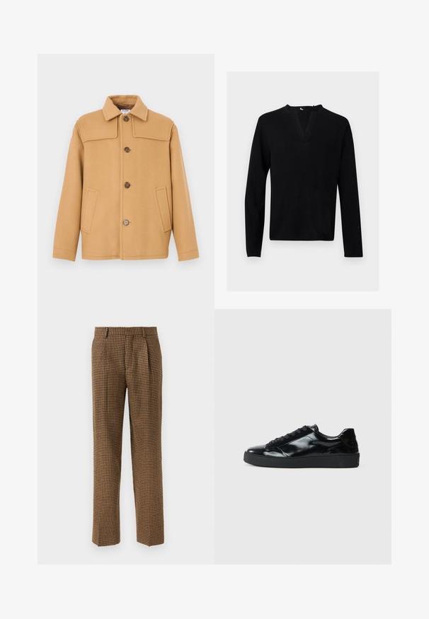 Kamel-farvet uldjakke med krave, fire knapper og to forlommer. Har et struktureret design og en glat tekstur.; Langærmet sort sweater med dyb V-udskæring, vist fladt mod en lys, ensfarvet baggrund.; Brune ternede bukser med løs pasform, der har folder foran, et glat tekstureret stof og et lige ben design.; Sorte laklæder sneakers med rund tå, snørredesign, tekstureret gummisål og en glat overflade.